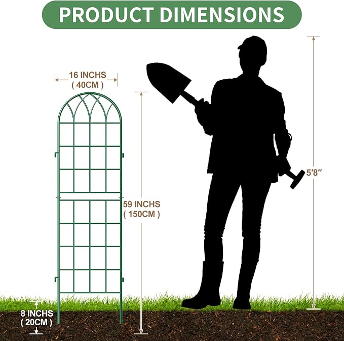 SUNYRISY 4Pack Metal Garden Trellis for Climbing Plants Outdoor, 59x16in Metal Plant Support for Flowers Tomato Cucumber Rose Vegetable Garden Courtyards Lawns Decoration, Green