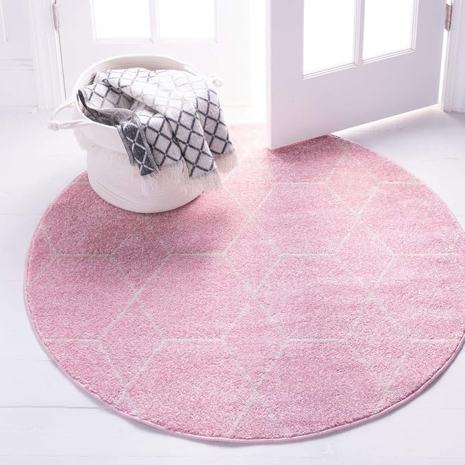 Unique Loom Trellis Frieze Collection Area Rug - Geometric (8' Round, Light Pink/ Ivory)