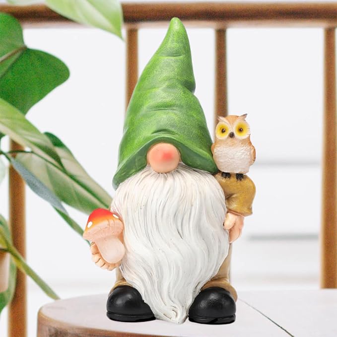 Garden Gnome Outdoor Decoration Solar Gnomes Statue with Owl LED Lights,Terrace Courtyard Lawn Patio Porch Fall Decoration Halloween Christmas Housewarming Gift for Mom Woman