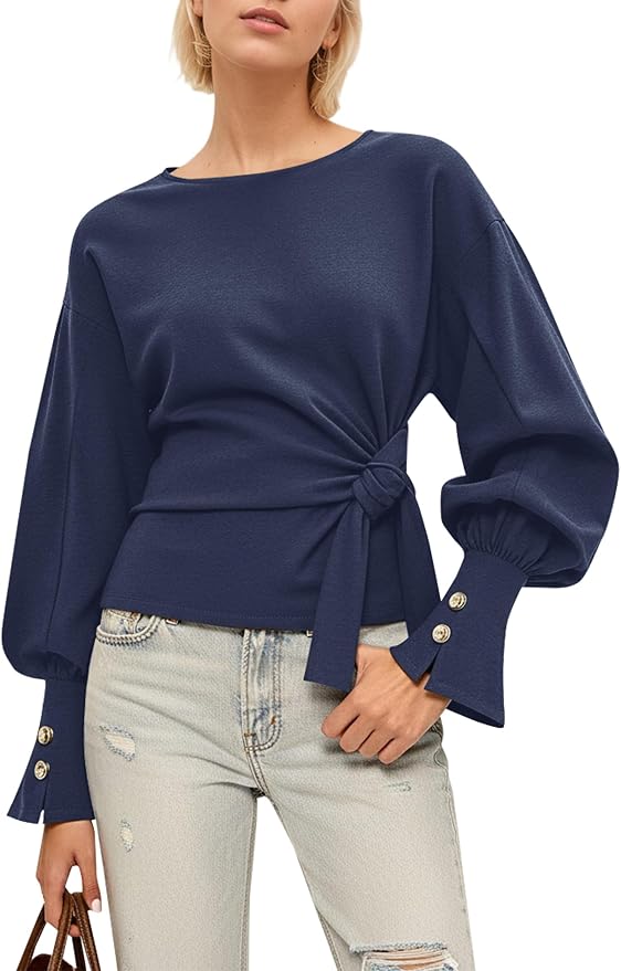 Dsewpaur Twist Knot Tie Front Sweatshirt Tops For Women Long Balloon Sleeve Crew Neck Pullover Casual Fall Outfits