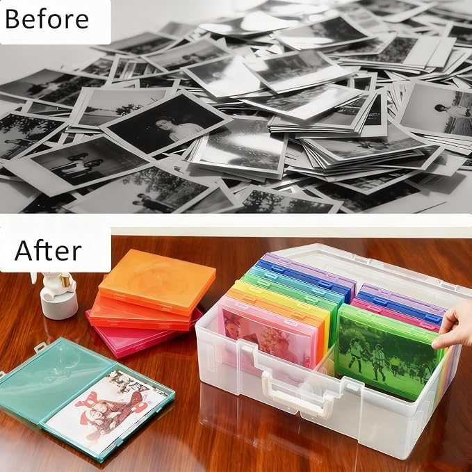 NINU Photo Storage Box with Handle, 5" x 7" Photo Organizer Storage Container with 18 Inner Case and 1 Sheet Blank Labels for Pictures, Arts, Crafts, Sewing, Seeds, Office Supplies (Colorful)