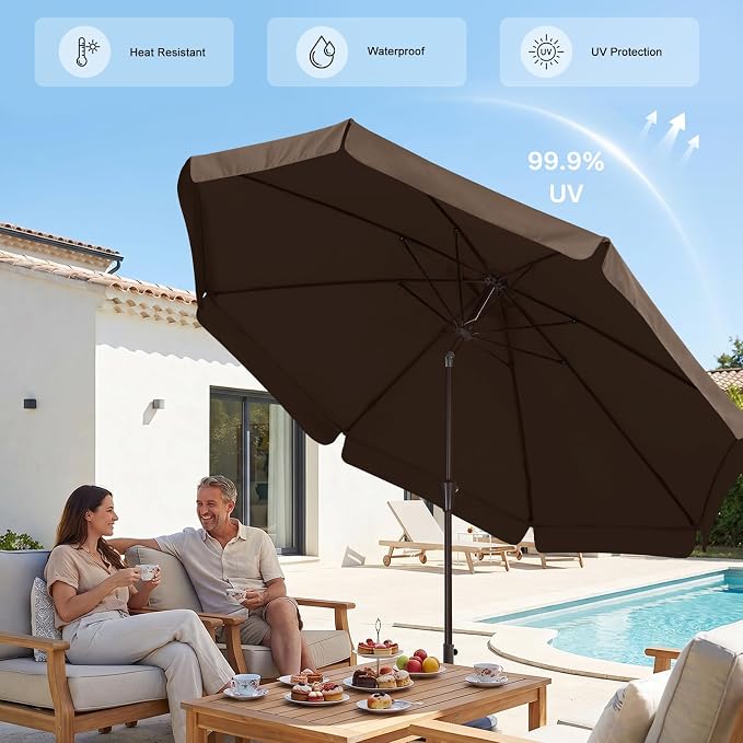ABCCANOPY 9ft Scalloped Patio Umbrella, Outdoor Table Umbrella with Tilt and Crank, Fiberglass Ribs Deck Umbrella for Patio, Pool, Garden, Picnic (Coffee)