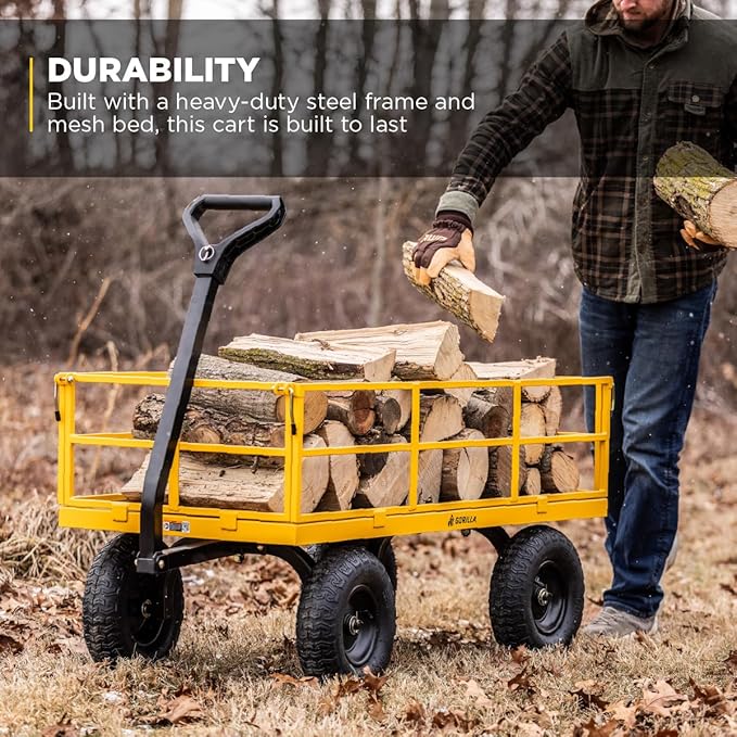 Gorilla Carts Heavy Duty, All Terrain Garden Wheelbarrow, 1200 Lb, Yellow - Foldable Wagon, Gardening Equipment for Yard, Lawn, and Outdoor Use