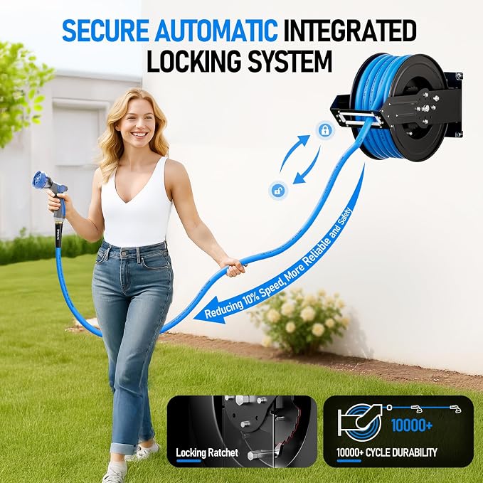 SPECILITE Retractable Hose Reel with 3/4'' Hot/Cold Garden Water Pipe 65ft, -50℉ -190℉, Heavy Duty Metal Wall Mount Spool, with 6ft Lead Hoses, Nozzle, 3/4'' Brass Fittings for Garage, Yard, Blue