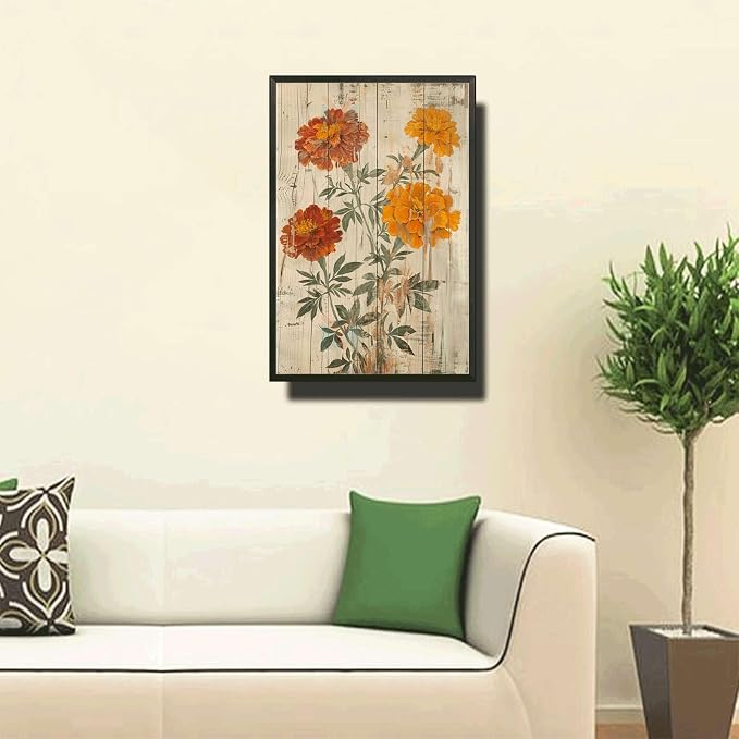Metal Sign Tin Sign Vintage Shabby Chic Marigolds Tin Sign for Rustic Joy Antique Garden Symbolism and Distressed Wood Panels Inspirational Wall Art for Restaurant 8×12 Inches with Metal Frame