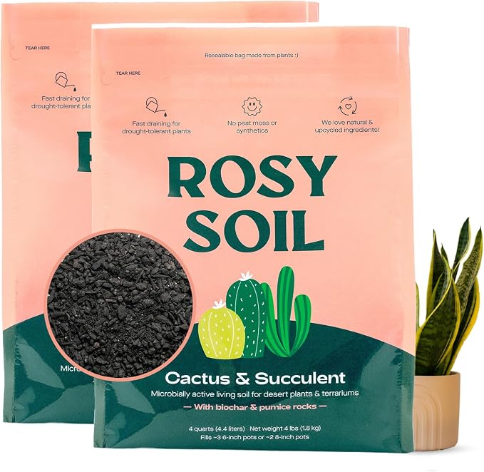 Rosy Soil Cactus & Succulent Potting Mix, 4 Quarts, Pack of 2 | Organic Succulent Potting Soil, Chunky Fast Draining, Peat-Free, Root Boosting Mix, For AloeVera, Cacti, Indoor Succulents