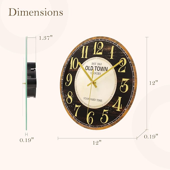 WISKALON Indoor Outdoor Glass Clock 12 Inch Waterproof Retro Vintage French Country Style Wall Clock Battery Operated Silent Non-Ticking for Bathroom Patio Pool Wall Decor Black Gold