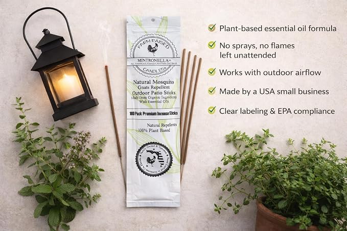 Mintronella USA Made Citronella & Peppermint Mosquito Repellent Incense Sticks – 100 Pack – Natural Bug & Insect Repellent – Outdoor Camping, Patio Decor – No‑See‑Um & Gnats, Fly