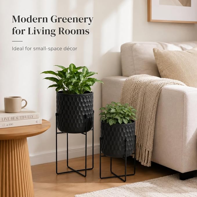 TRIROCKS Set of 2 Metal Planters with Stand, Small Indoor Plant Pots 8" D x 18" H & 7" D x 12" HModern Decorative Flower Pots for Living Room, Entryway, Office, Balcony(Black)