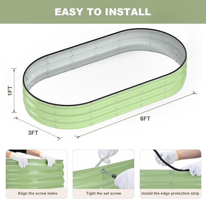 Raised Garden Bed, 6x3x1ft Galvanized Outdoor Planter Beds with Safety Edging and Gloves, Oval Metal Planter Box for Gardening Vegetables Flowers Herb-Green