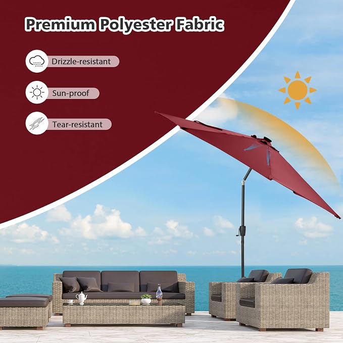 HAPPYGRILL 10 FT Solar Patio Umbrella with 112 LED Light, Outdoor Umbrella with Tilt Adjustment, Crank System, 8 Metal Ribs & Vented Top, Deck Table Market Umbrella for Garden Pool Deck Yard