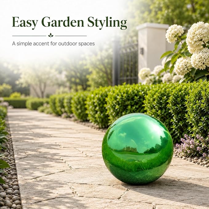 Gazing Ball Garden Mirror Outdoor - 10 Inch Outside Decorative Globe, Green | Metal Polished Reflective Sphere, Stainless Steel Hollow Decoration Ornament for Home Pond Swimming Pool Housewarming Gift