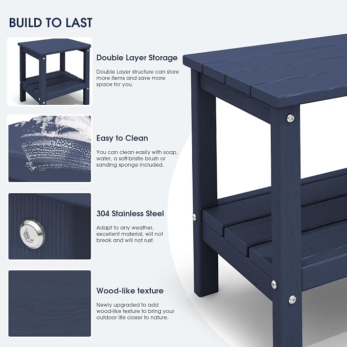 KINGYES Outdoor Side Table Set of 2, Double Layer Adirondack End Table- Navy