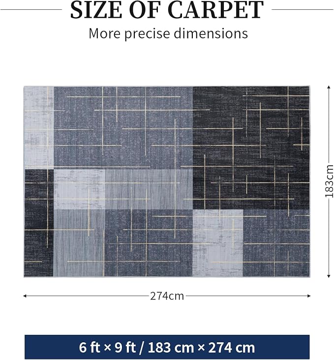 Washable Abstract Modern 6x9 Area Rugs for Living Room,Contemporary Geometric Rug for Bedroom Non Slip with Gold Striped, Blue and Grey White Checkered Carpet