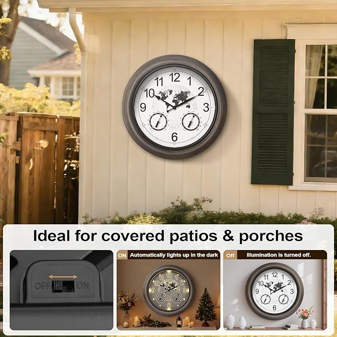 Pytha Sight Illuminated Large Indoor Outdoor Clocks Waterproof 18 Inch with Smart Night Light Sensor,Star World Map Design with Thermometer & Hygrometer for Patio, Pool, Garden,Housewarming Gift