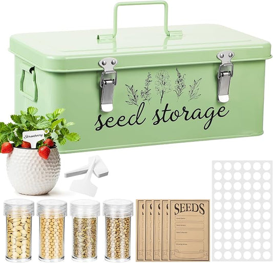 TINSKY Seed Storage Organizer Metal Seed Box with Lid and Locks Seed Saving Bank with 60 Seed Bottles, 30 Plant Labels and 60 Seed Envelopes, 3 Compartments, Suitable for Garden Floweren