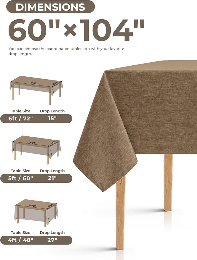 Decorelia Faux Linen Tablecloth for Dining Room, 60 x 104 Inch (8-10 Seats), Coffee