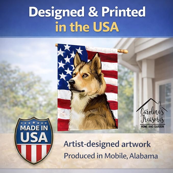 Caroline's Treasures CK6509CHF East Siberian Laika Dog American Flag House Flag Large Porch Sleeve Pole Decorative Outside Yard Banner Artwork Wall Hanging, Polyester, House Size, Multicolor