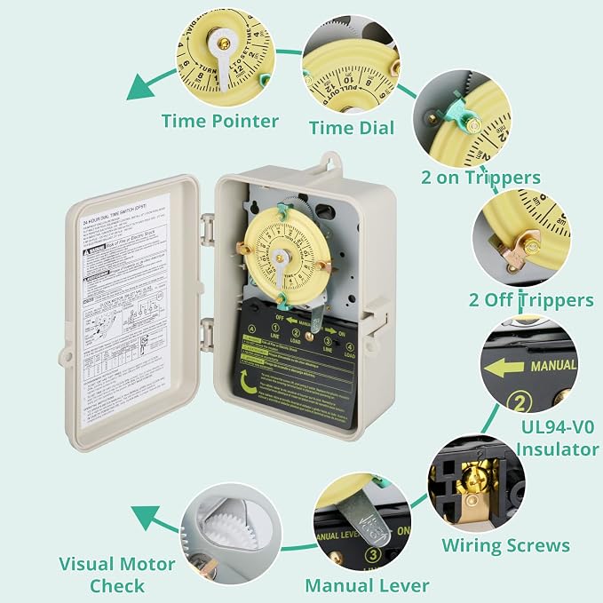 T104 Mechanical Pool Timer Switch, Weatherproof Plastic Enclosure, 208-277VAC 60Hz DPST, Indoor/Outdoor Install, for Pool Pump, Spa Equipment, Landscape Lighting, Outdoor Irrigation