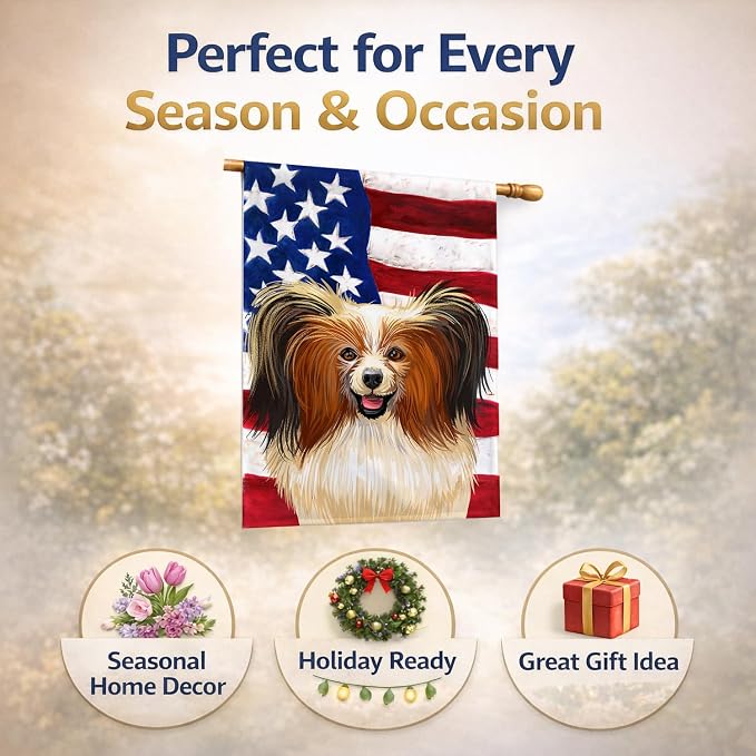 Caroline's Treasures CK6642CHF Phalene Dog American Flag House Flag Large Porch Sleeve Pole Decorative Outside Yard Banner Artwork Wall Hanging, Polyester, House Size, Multicolor