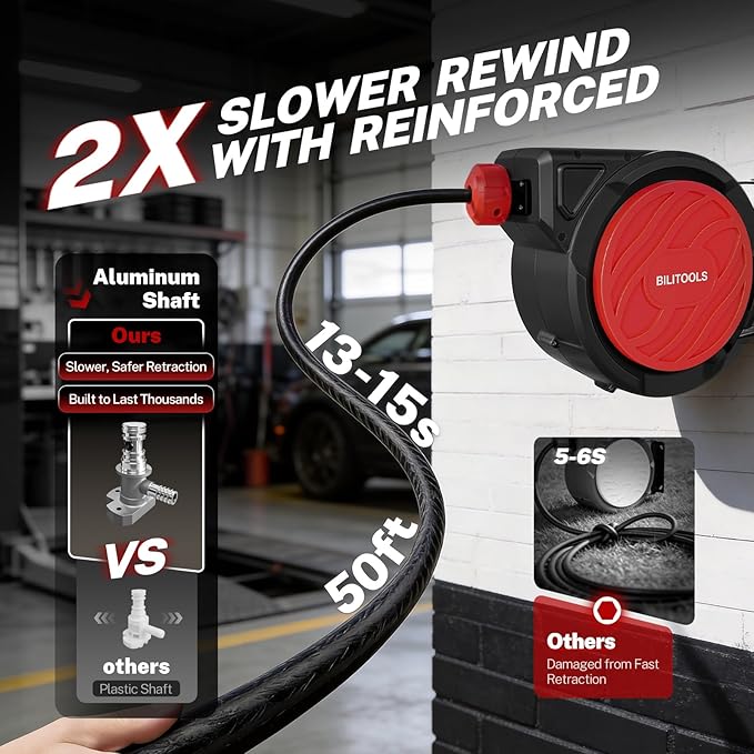 BILITOOLS Retractable Air Hose Reel, 3/8" x 50 ft Hybrid Air Hose Max 300PSI, Enclosed Air Compressor Hose Reel with Smooth Auto Rewind & 5 ft Lead-In Hose, 180° Swivel Wall/Ceiling Mount