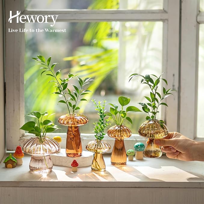 Hewory Glass Mushroom Propagation Stations: Set of 5 Unique Propagation Jars Glass Planter for Indoor Plants Home Decor - Brown Mushroom Vase Christmas Birthday Gifts for Plant Lovers Women Girls
