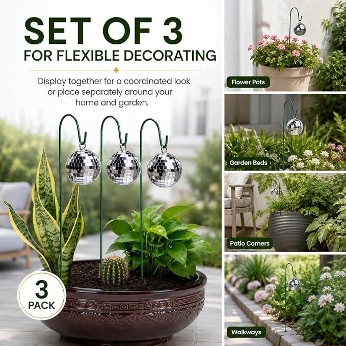 3 Pack Disco Ball Garden Stakes, Silver Mirror Ball Outdoor Plant Decor, Reflective Hanging Globe Stake Ornaments for Flower Pots Patio Lawn Yard Pathway Garden Decorations (M*3pcs)