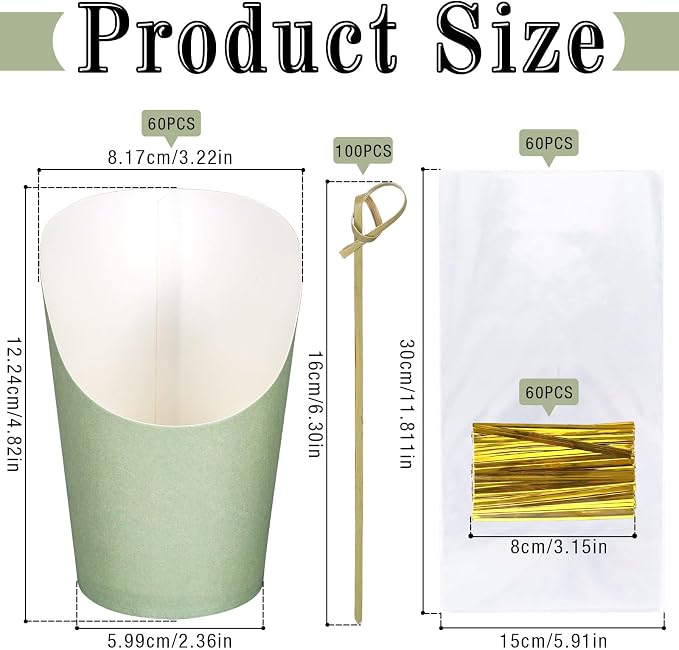 Whaline 60Pcs Sage Green Charcuterie Cups with Bamboo Sticks Plastic Treat Goodie Bags Gold Twist Ties 14oz French Fries Cup Holder for Home Kitchen Wedding Baby Shower Birthday Party
