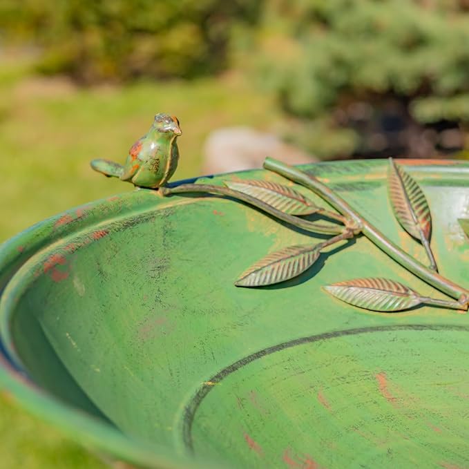 Zaer Ltd. Deep Well Made Metal Birdbath with 2 Cast Iron Birds and Leaf Decoration (Verdi Green)