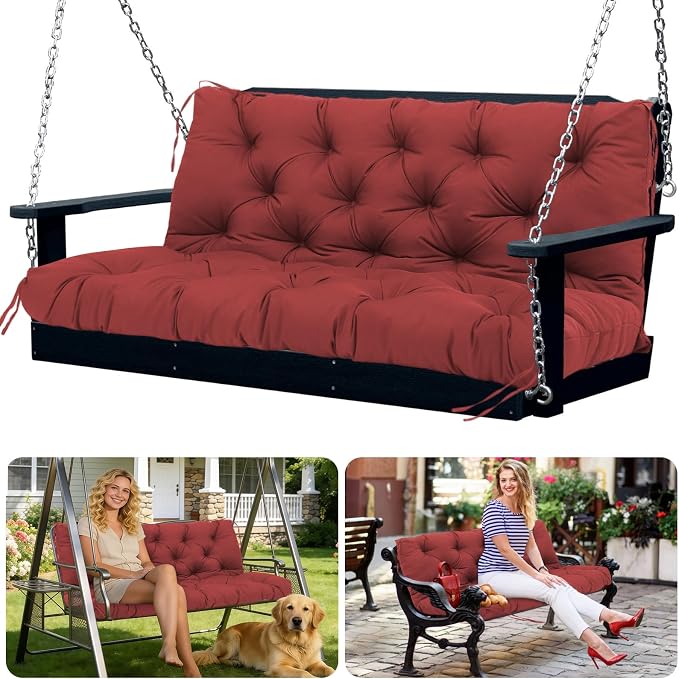 Porch Swing Cushions 2 Seater Replacement Thicken 5" Waterproof Swing Cushions for Outdoor Furniture Bench Patio Swing Cushion with Backrest & Ties(Wine Red 48x40x5inch)