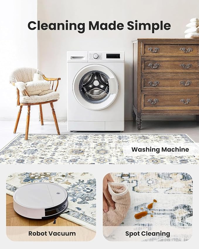 AMADA HOMEFURNISHING 9x12 Washable Area Rug, Low-Profile Large Area Rug with Non-Slip Backing & Durable Edge Binding, Vintage Large Rugs for Living Room, Bedroom & Dining Room