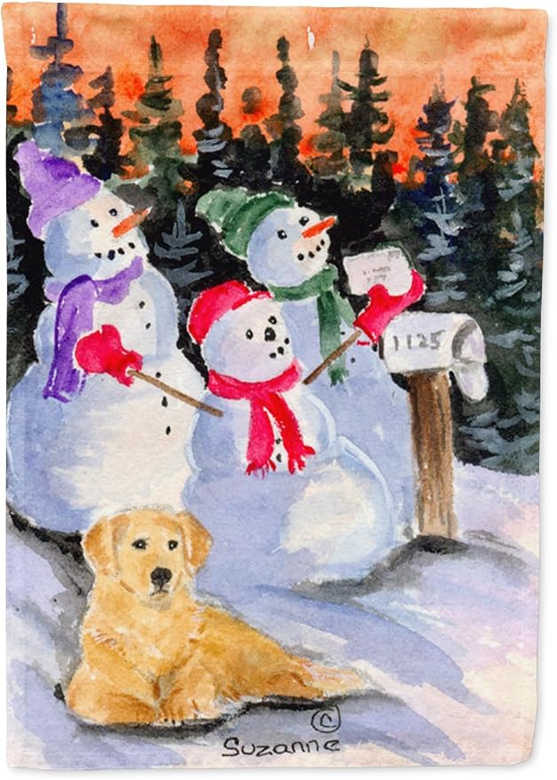 Caroline's Treasures SS8989GF Snowman with Golden Retriever Garden Flag Mailbox Flag Decorative Yard Flag Banner Outside Patio Artwork Yard Flower Beds, Garden Size, Multicolor