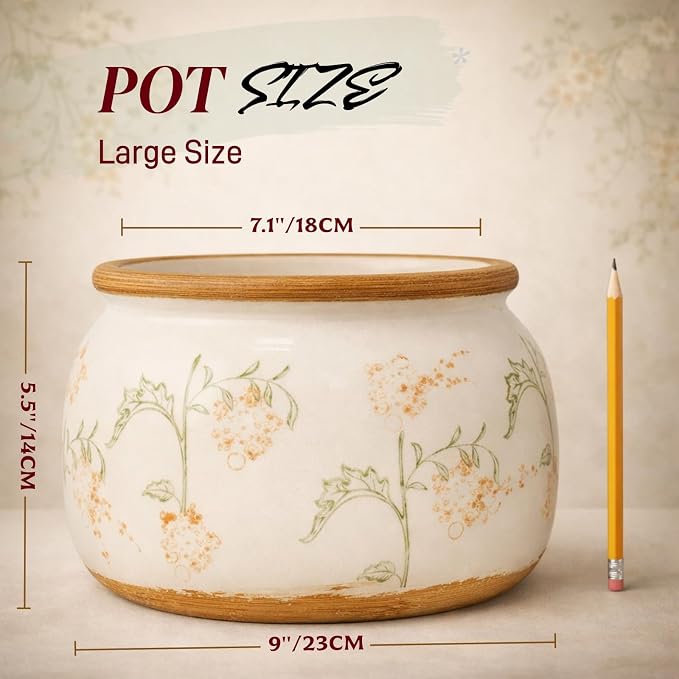 Vintage Ceramic Flower Pot - Indoor Outdoor Planters with Drainage Holes & Filter Screen, 9’’ Large Rustic Farmhouse Decorative Plant Pots for Garden/Patio/Balcony (Daisy Bouquets, Large)