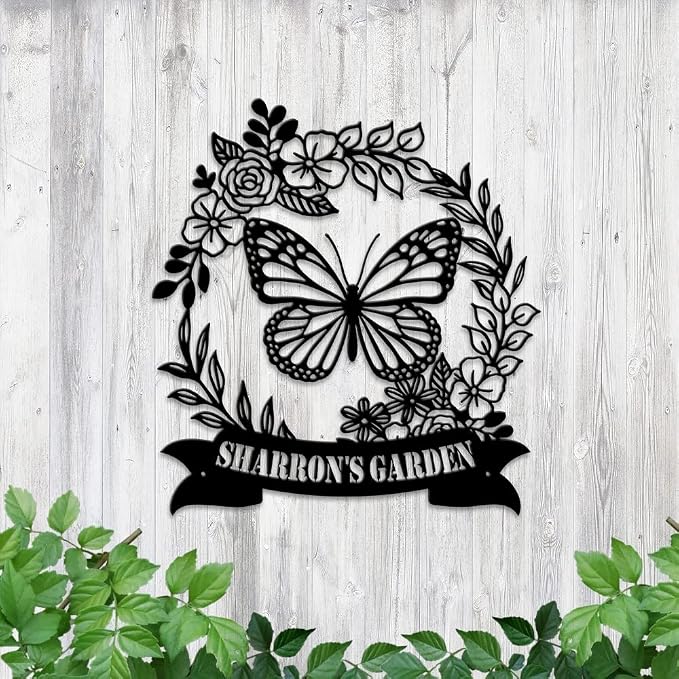MeMate Flowers Garden Signs, Floral Garden Sign to Personalize, Personalized Metal Signs, Customized Name Wall Art for Garden Outdoor Decor, Large Outdoor Plaque Sign for She Shed, Potting Shed