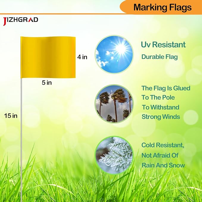 200Pack Yellow Marking Flags, JIZHGRAD 15x4x5 Inch Marker Flags Use for Yard & Lawn, Boundary & Dog Training, Survey & Landscape, Sprinkler & Surveyor, Garden & Construction, High Visibility, Sturdy, Versatile, UV & Weather Resistant