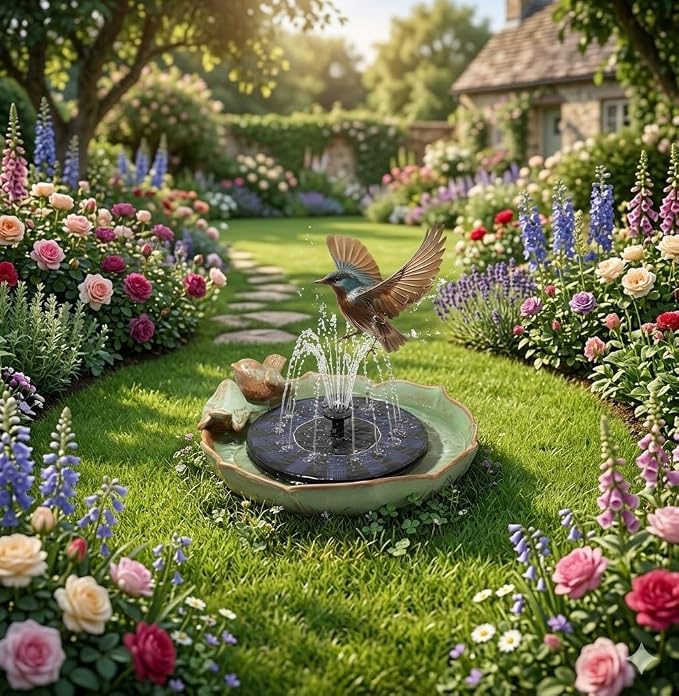 Solar Hummingbird Fountain,Ceramic Birdbath Bowl Water for Outdoor, Solar Powered Ground Bird Feeders and birdbath for Outdoors, Tabletop, Deck, Balcony Patio, Lawn,Yard Garden Decor
