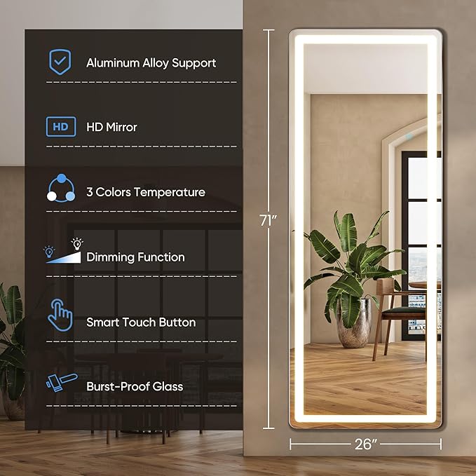 26"x71" LED Full Length Mirror with Stand, Full Body Wall Mirror | LED Lights 3 Color Lighting, Wall Hanging or Leaning, Floor Standing, Modern Simple Home Wall Decor