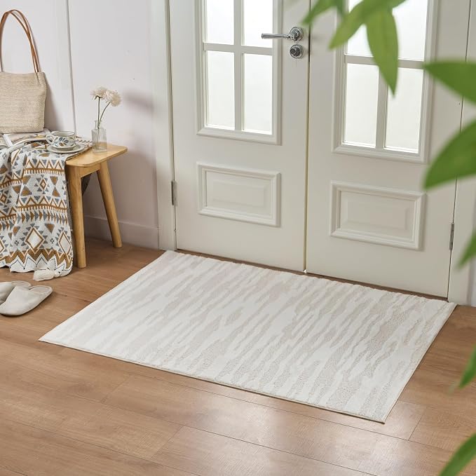 Textured High-Low Striped Area Rug for Living Room Bedroom, Modern, Wabi-Sabi, Minimalist, Japandi, Neutrel, Washable Soft Cozy 3x4 Feet