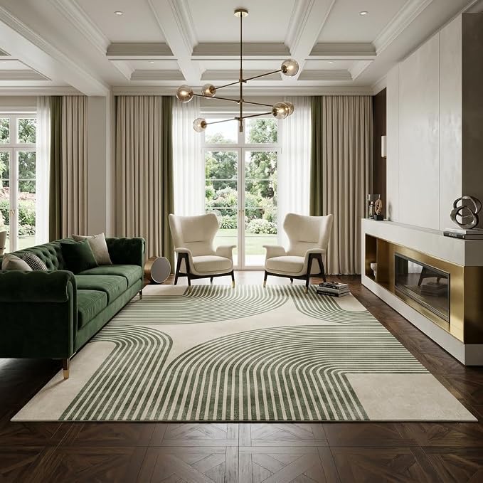 6x9 Green and Beige Modern Geometric Arch Stripe Area Rug | Machine washable, non-slip, low-pile faux cashmere rug for living room, bedroom, dining room, and home office.