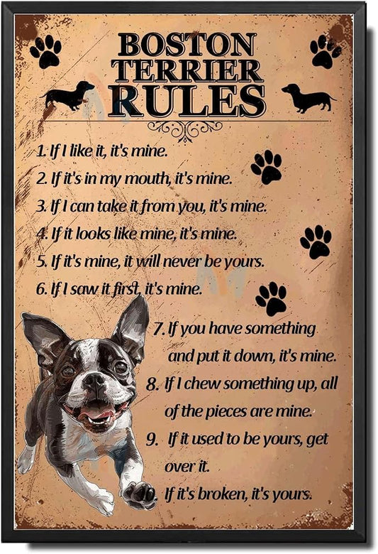 Metal Sign Tin Sign Vintage Wall Art Boston Terrier Rules Outhouse Wall Decor for Pub 8×12 Inches with Metal Frame