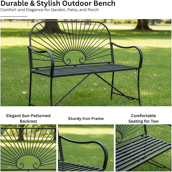 XBrand 44" L Iron Sun-Patterned Seat for Two, Patio & Porch Furniture for Park, Yard, Lawn, Balcony, Backyard – Black