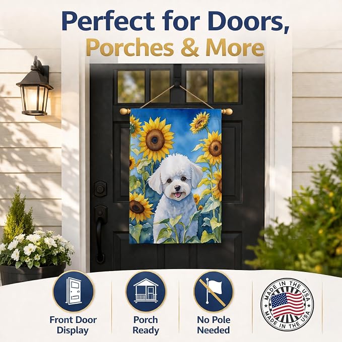 Caroline's Treasures DAC6027CHF Bichon Frise in Sunflowers House Flag Large Porch Sleeve Pole Decorative Outside Yard Banner Artwork Wall Hanging, Polyester, House Size, Multicolor