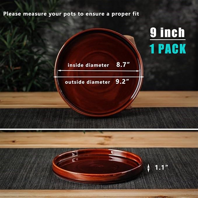 Ceramic Plant Saucer 9 Inch, Round Plant Trays for Indoors/Outdoors, Flower Pot Saucers for Holding Water Drips and Soil, Ceramic Drainage Tray for Plant Pot (Reactive Glaze Brown)