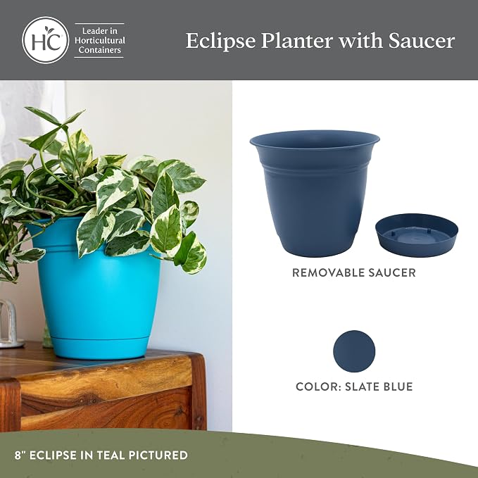 The HC Companies Eclipse Round Planter with Saucer - Outdoor & Indoor Plant Pot with Drainage Holes - Lightweight, UV-Resistant Plastic Pots for Plants, Flowers & Herbs (16" Slate Blue, Pack of 1)