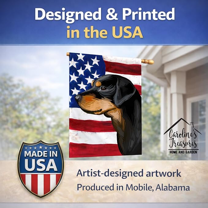 Caroline's Treasures CK6714CHF Smaland Hound Dog American Flag House Flag Large Porch Sleeve Pole Decorative Outside Yard Banner Artwork Wall Hanging, Polyester, House Size, Multicolor