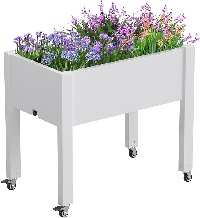 Elevated Raised Garden Bed with Wheels - Outdoor Mobile Resin Planter Box with Drainage Holes for Vegetables Flower Herbs, Weather Resistant, Ashen (26.3" h)