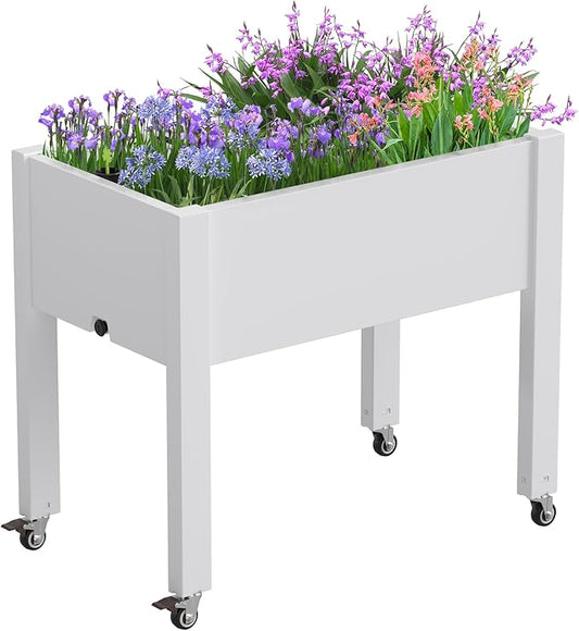 Elevated Raised Garden Bed with Wheels - Outdoor Mobile Resin Planter Box with Drainage Holes for Vegetables Flower Herbs, Weather Resistant, Ashen (26.3" h)