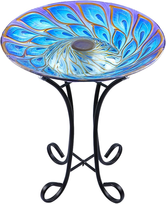 MUMTOP Outdoor Glass Bird Bath Solar Birdbaths with Metal Stand for Lawn Yard Garden Peacock Decor,18” Dia 21.65” Height