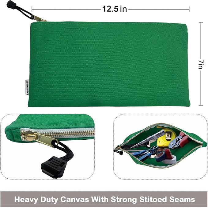 Canvas Tool Bag Zipper Pouch, 6 Pack 12.5 x 7-Inch | Heavy Duty Tools Utility Pouches, Multipurpose, Storage Organizer Tote Bags, Olive/Orange/Blue/Yellow/White/Black