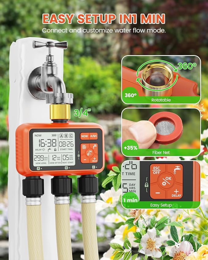 Sprinkler Timer 3 Zone with Brass Inlet Water Timer for Garden Hose Programmable Hose Faucet Controller with Independent Zone Control Custom Rain Delay Manual&Auto Watering Child Lock for Yard Lawn